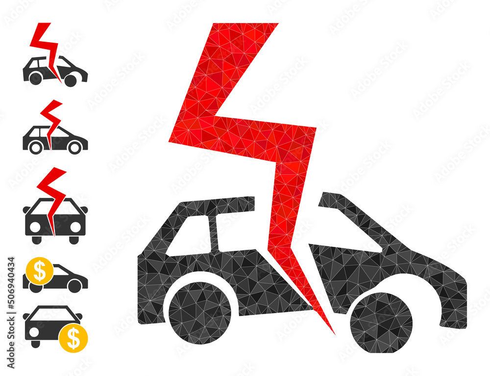 Poster vector triangulated car accident icon image is designed with scattered filled triangle parts. triang