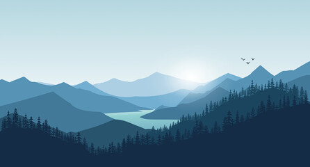 mountain landscape Morning wood panorama, pine trees and mountains