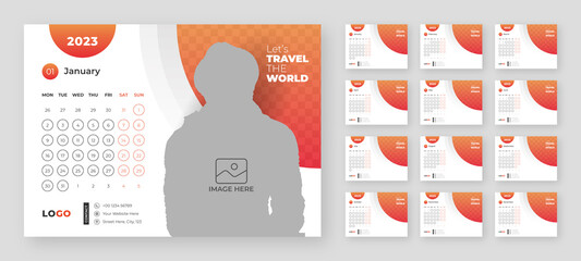 Desktop Monthly Photo Calendar 2023. Simple monthly horizontal photo calendar Layout for 2023 year in English. Cover Calendar and 12 months templates. Week starts from Monday. Vector illustration