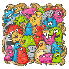Vector pattern with cartoon colored doodle monsters.