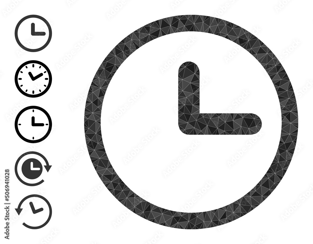 Poster vector triangulated clock icon illustration constructed with scattered filled triangles. triangulate