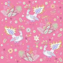 Magical romantic seamless pattern with hand drawn peacocks, flowers, tropical leaves in white-light purple-greenish color scheme on pink background in vector. Natural print for fabric in vintage style
