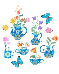 Romantic ornament with richly decorated teapots, cups, jugs used as flower vases and flowerpots. Beautiful flowers and butterflies on a white background.
