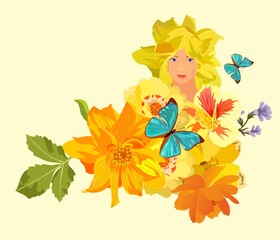 Lady Summer. A beautiful young girl with hair like dahlia petals and yellow large flowers nearby isolated on a light yellow background. Postcard, invitation, design element.