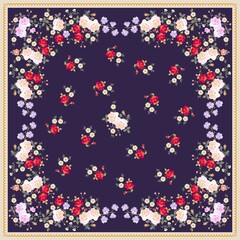 Naklejka na ściany i meble A beautiful scarf, shawl, pillowcase with bouquets of roses on a dark purple background and a light frame. Natural pattern in vector. Fashion accessory.