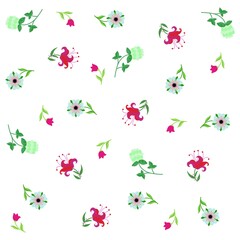 Delightful little flowers with leaves in green and red colors isolated on white background form a romantic seamless pattern for fabric. Natural ornament in vector. Botanical print in retro style.