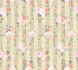 Seamless romantic print for fabric with bouquets of roses on a light green background with white translucent stripes over the pattern. Vector illustration.