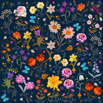 Dark blue background with cute cartoon garden flowers, berries, leaves, roots, bulbs, butterflies. Seamless romantic floral ornament. Print for fabric, wallpaper. Design elements.