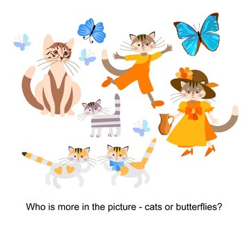 Arithmetic game for kids. Count the cats and butterflies in the picture and say which one is more. Vector illustration. Study sheet.