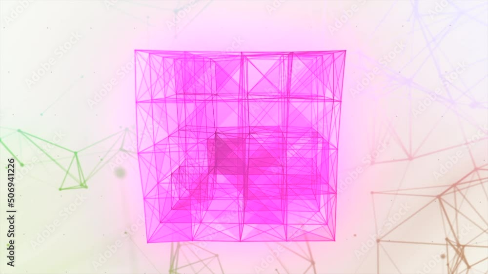 Poster cube of geometric connections of lines. motion. glowing cube of flashing triangles and linear connec