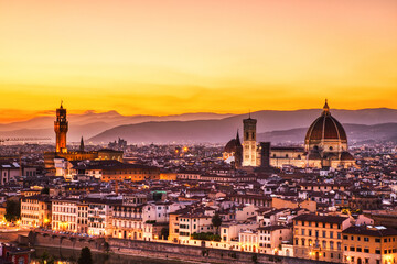 Florence Aerial View at Golden Sunset over Palazzo Vecchio and Cathedral of Santa Maria del Fiore with Duomo