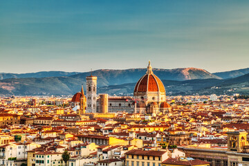 Fototapeta na wymiar Florence Aerial View at Sunrise over Cathedral of Santa Maria del Fiore with Duomo