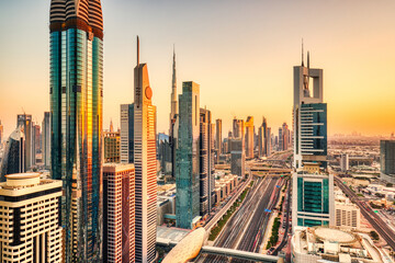 Dubai Skyline at Sunset, United Arab Emirates - obrazy, fototapety, plakaty