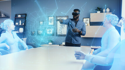 African American man in VR glasses in the cyberspace of the meta universe at a business meeting,...