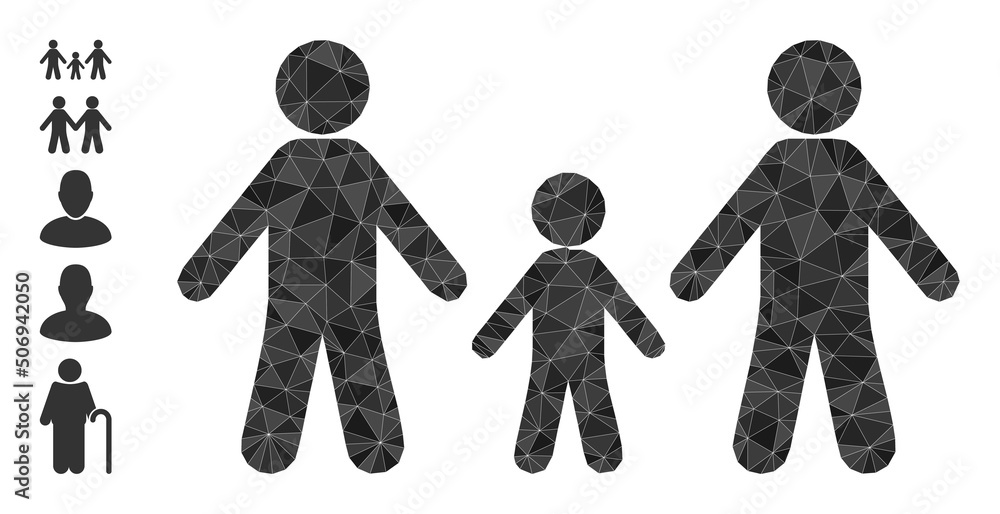 Poster vector triangulated family icon illustration is designed with random filled triangle items. triangul