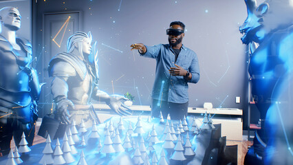 Afro american gamer puts on vr goggles and emotionally discusses with holographic avatars of teammates gaming tournament in meta universe cyberspace