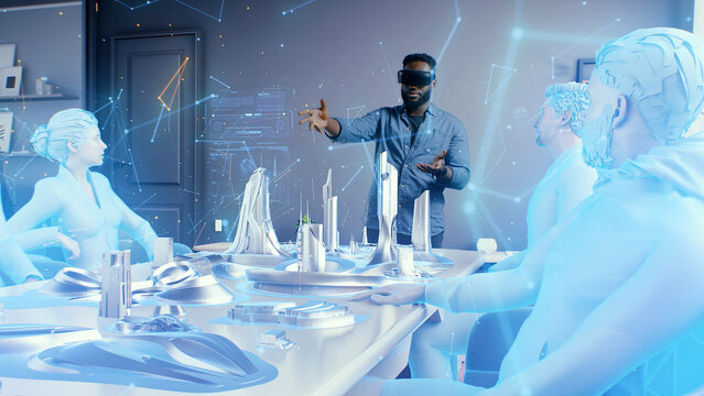 A man wearing vr glasses in the cyberspace of the meta universe at an online meeting, discussing a holographic 3D architectural design of a futuristic sustainable city of the future.