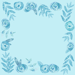 Fototapeta na wymiar hand drawn watercolor blue flowers frame