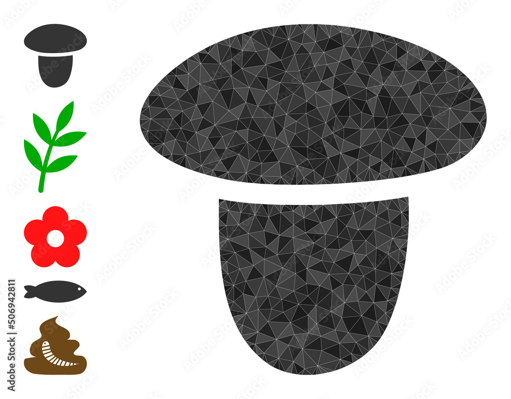 Poster vector low-poly mushroom icon illustration is combined with randomized filled triangles. triangulate