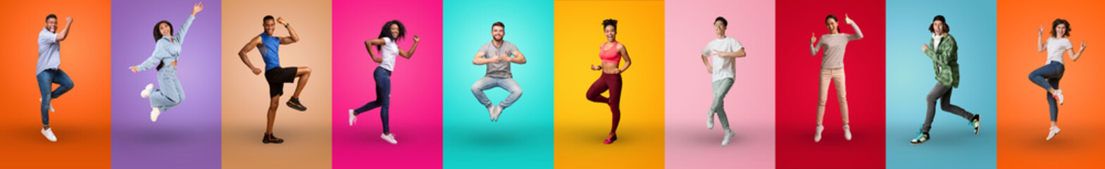 Happy millennial men and women gesturing on colorful backgrounds, collage