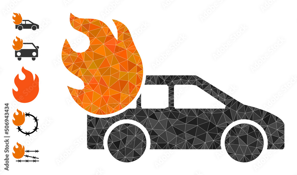 Poster vector triangulated burn car icon image combined with scattered filled triangle items. triangle burn