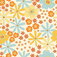 Floral seamless pattern with retro hippie flowers. Vector Illustration with flowers and leaves. Modern vintage. - 506943400