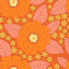 Floral seamless pattern with retro hippie flowers. Vector Illustration with flowers and leaves. Modern vintage.