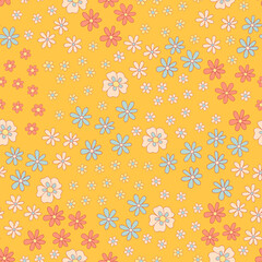 Fototapeta na wymiar Floral seamless pattern with retro hippie flowers. Vector Illustration with flowers and leaves. Modern vintage.