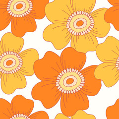 Floral seamless pattern with retro hippie flowers. Vector Illustration with flowers and leaves. Modern vintage.