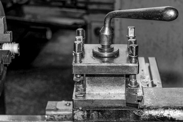 Metalworking workshop, metal processing machines.  Vintage Industrial Machinery in a old factory - black and white photo