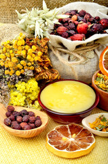 Medicinal herbs with honey.