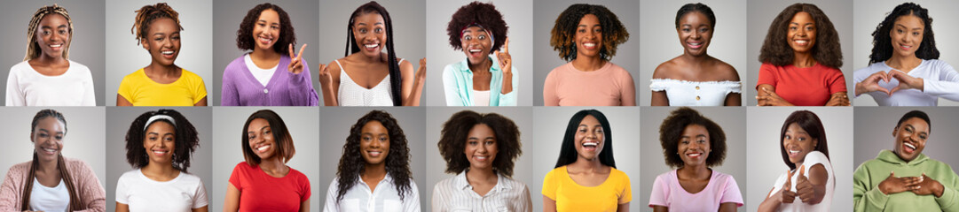 Happy Positive Black Females Posing Over Grey Coloured Backgrounds