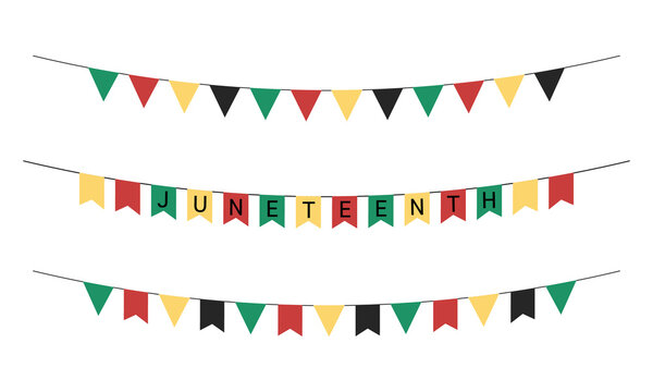 Juneteenth Party Flags Isolated. Vector Set Of Freedom Day Garlands And Buntings In Traditional African Colors. Juneteenth Triangular And Rectangular Flags Collection