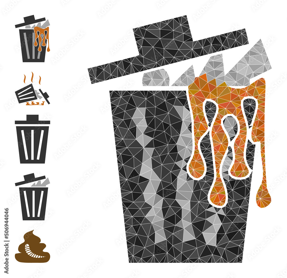 Poster vector lowpoly trash bucket icon illustration is combined from random filled triangles. triangulated