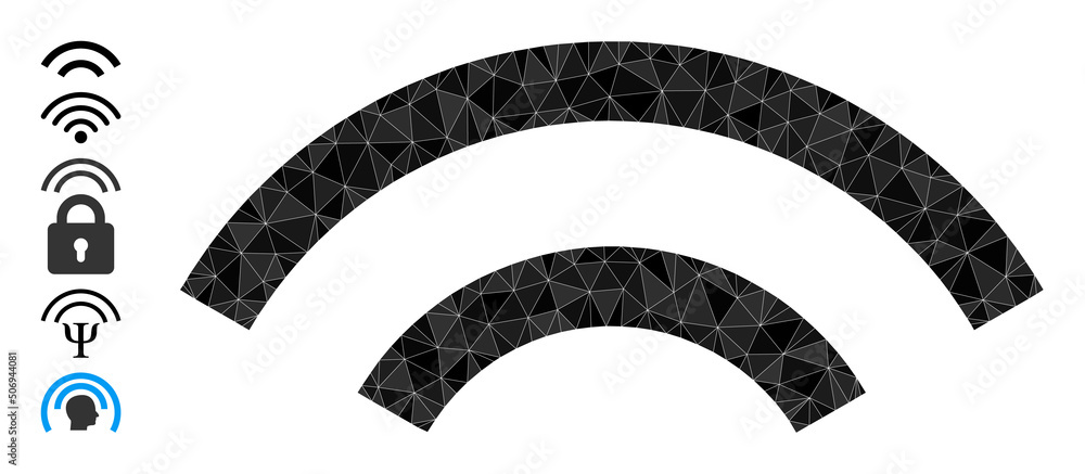 Poster vector lowpoly radio waves icon illustration combined of random filled triangles. triangulated radio