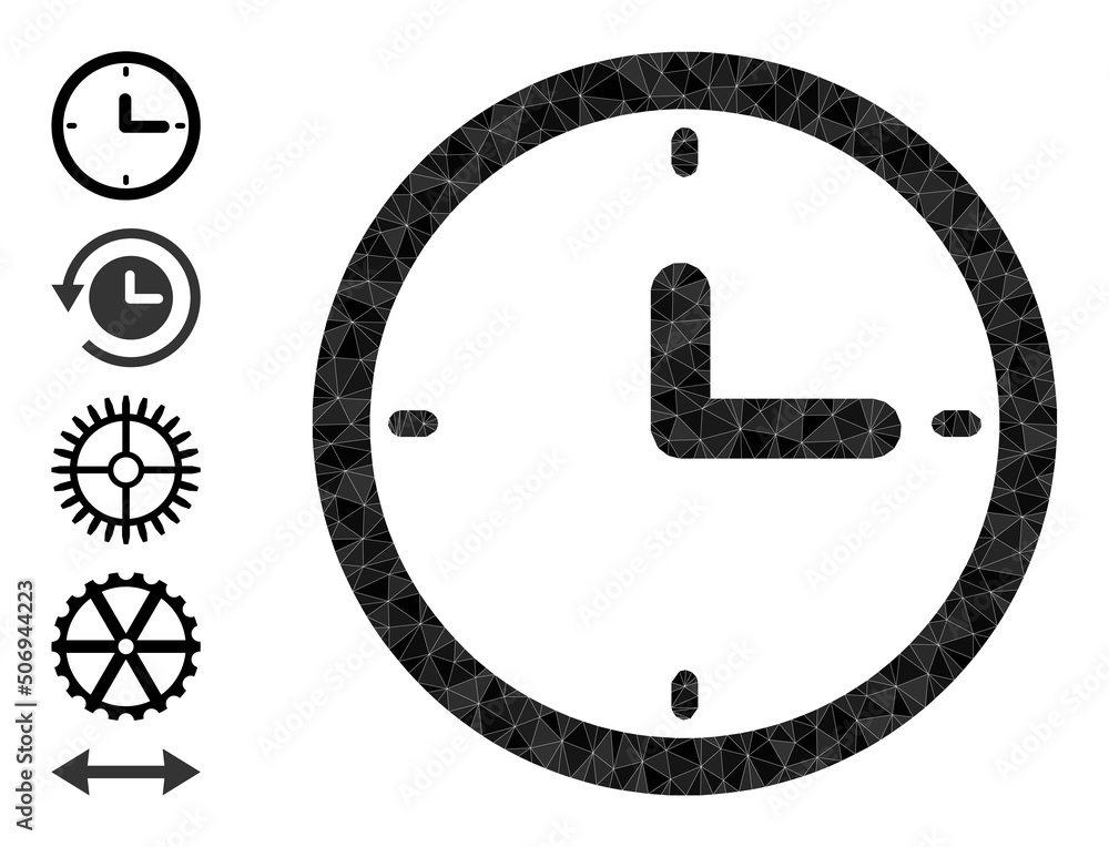 Poster vector lowpoly clock icon illustration constructed with scattered filled triangle parts. triangle cl