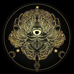 Vector illustration of golden mandala, isolated. Light, peace and spirit concept. Buddhism lotus symbol. Tattoo, spiritual yoga. - 506944256