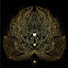 Vector illustration of golden mandala isolated. Light, peace and spirit concept. Buddhism lotus symbol. Tattoo, spiritual yoga. - 506944260