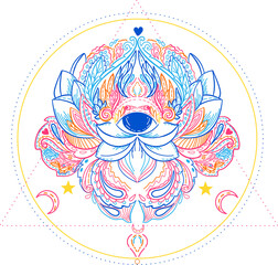 Vector illustration of mandala, isolated. Light, peace and spirit concept. Buddhism lotus symbol. Tattoo, spiritual yoga. - 506944276