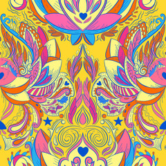 Vector illustration of spiritual seamless pattern. Light, peace and spirit concept. Buddhism lotus symbol. Tattoo, spiritual yoga. - 506944279