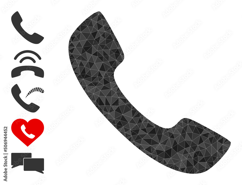 Poster vector low-poly phone receiver icon illustration designed with scattered filled triangle parts. tria