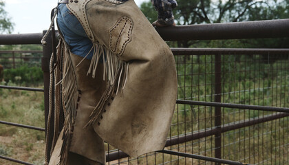 Ranch hand shows chaps on working cowboy for western wear lifestyle.