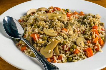 brown rice with mixed vegetables and mushrooms