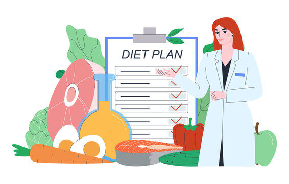 Woman Doctor Nutritionist Nutritionist Makes A Plan For A Diet. Proper Nutrition For Maintaining Health And Weight Loss Of The Fat Body. Flat Illustration. Eps10