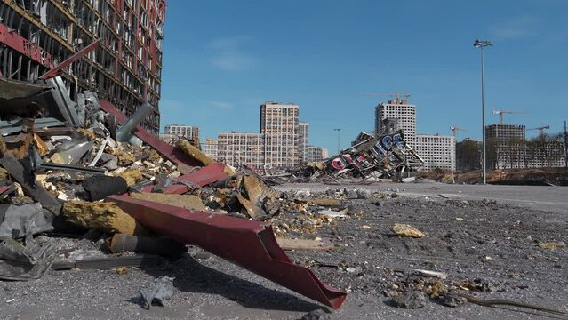 Russian missile destroyed shopping and entertainment center Retroville in Kyiv on March 20, 2022. After bombing. War in Ukraine.Terror and genocide of Ukrainian people
