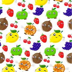 Cute Seamless pattern with fruit characters: green apple, orange, yellow lemon winks, red cherry and strawberry, grapes, brown coconut. Summer fruits illustration, cartoon. Vector
