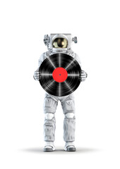 Astronaut with vinyl record - 3D illustration of space suit wearing male figure holding up music LP isolated on white studio background - 506945871