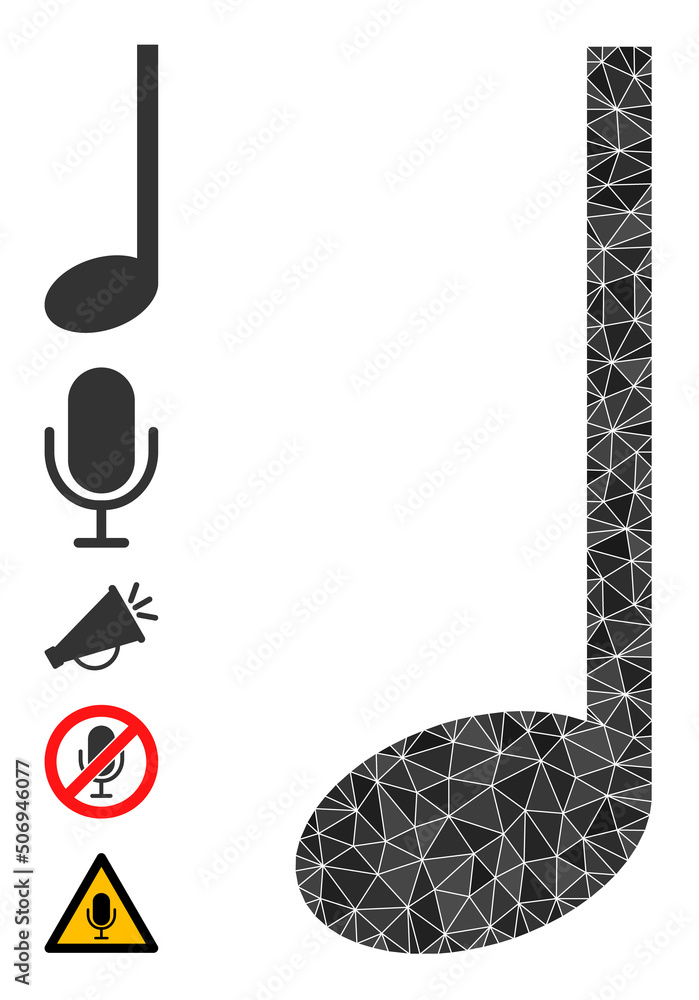 Poster vector low-poly music note icon illustration is constructed of randomized filled triangle items. tri