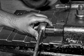  Metalworking workshop, metal processing machines.  Vintage Industrial Machinery in a old factory -...