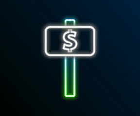 Glowing neon line Hand holding auction paddle icon isolated on black background. Bidding concept. Auction competition. Hands rising signs with BID inscriptions. Colorful outline concept. Vector